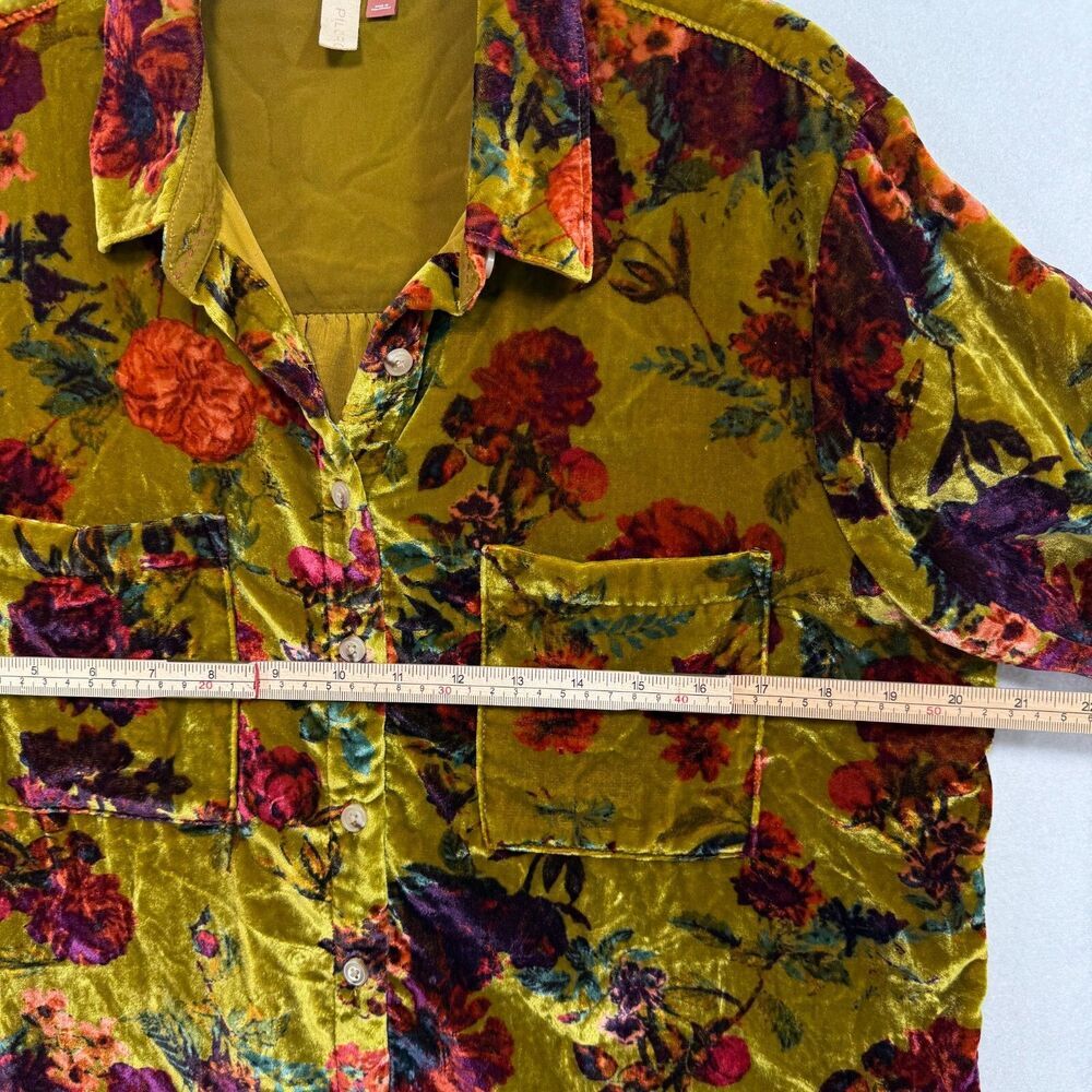 Pilcro Shirt Women M Green Floral Relaxed Velvet Button Down Romantic Academia - Picture 8 of 11